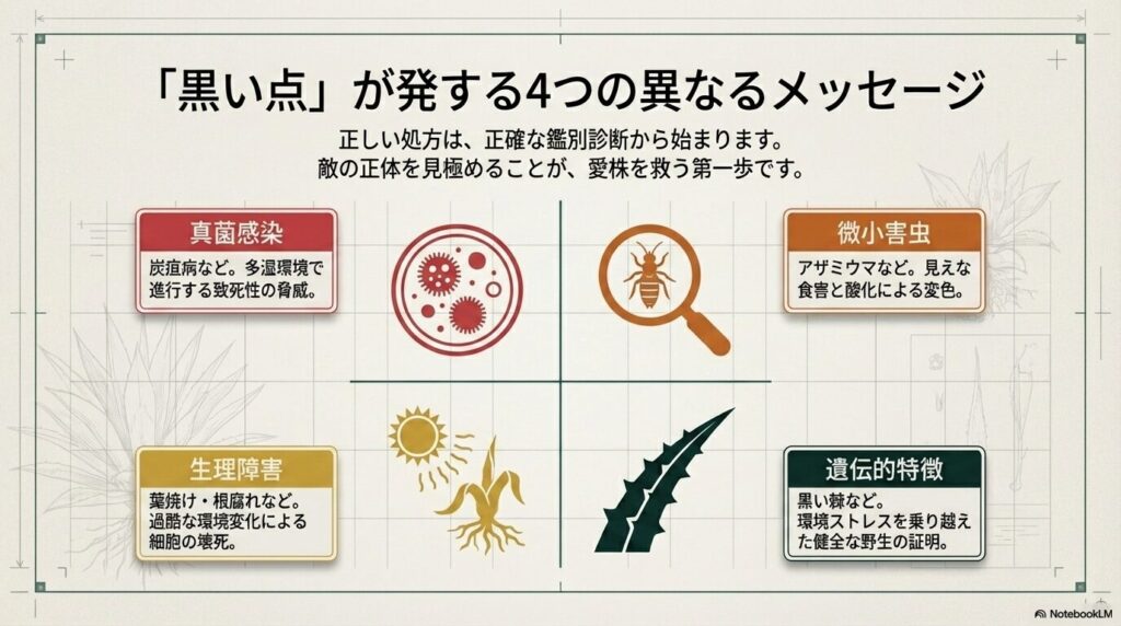 アガベの黒い点が発する4つのメッセージ（真菌感染、微小害虫、生理障害、遺伝的特徴）