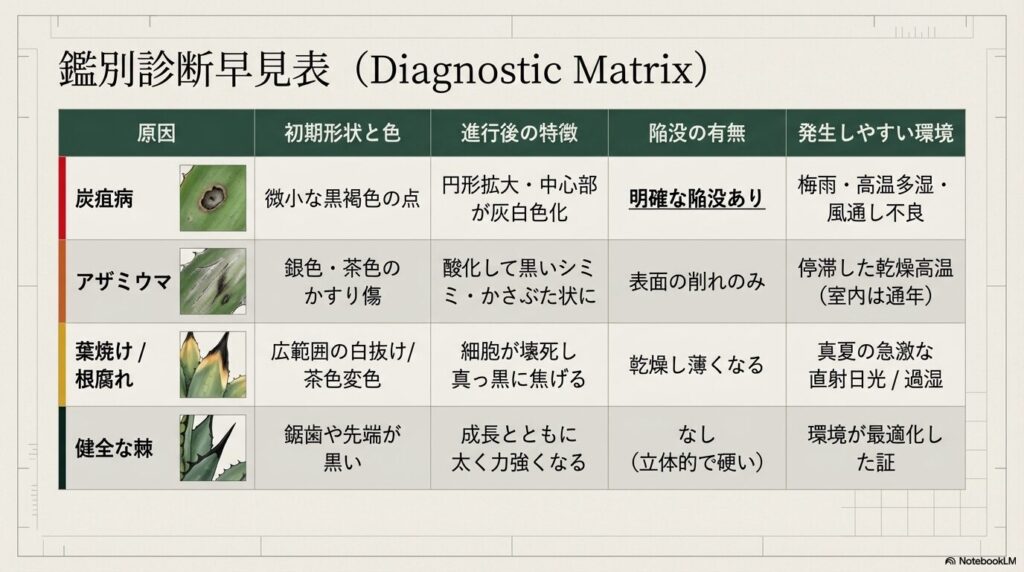 アガベの黒い点の原因を見分ける鑑別診断早見表