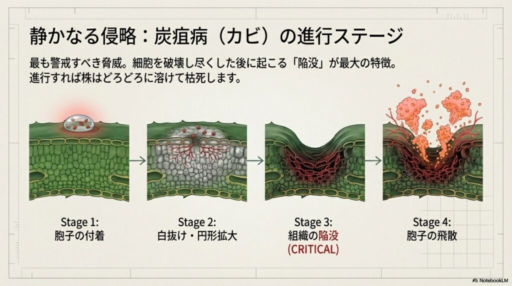 アガベの葉を侵食する炭疽病（カビ）の進行ステージと組織の陥没メカニズム