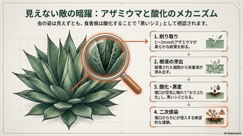 アザミウマによるアガベの食害と傷口が酸化して黒いシミになるメカニズム