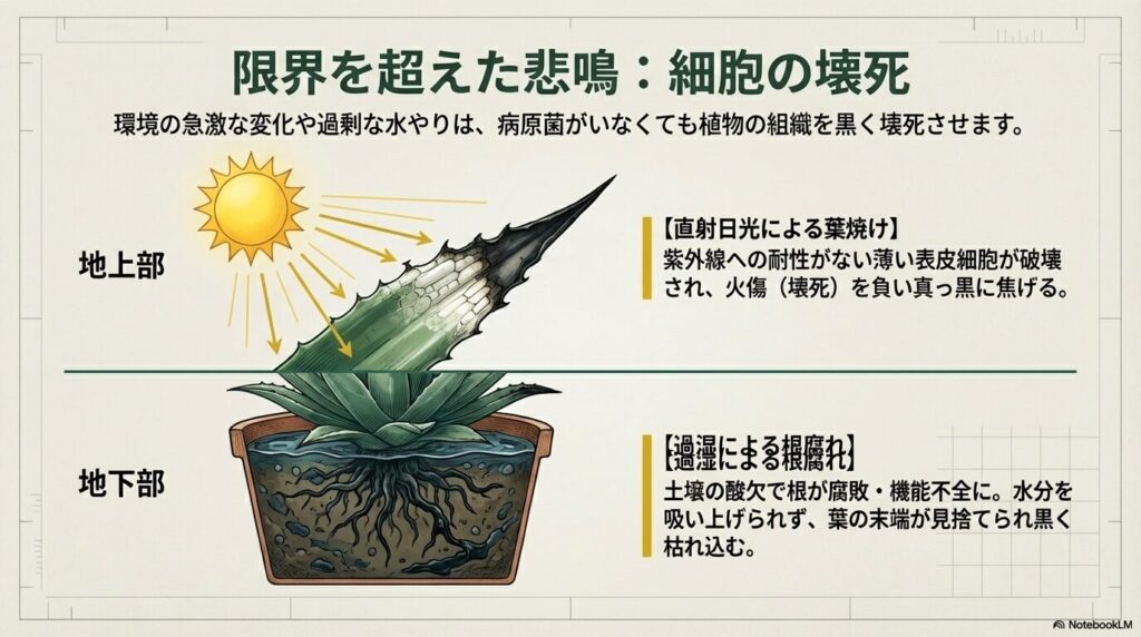 直射日光によるアガベの葉焼けと過湿による根腐れのメカニズム図解
