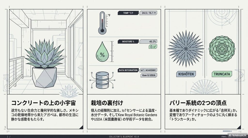 コンクリートのベランダで栽培されるアガベ・パリーと、吉祥天・トランカータのシルエット比較