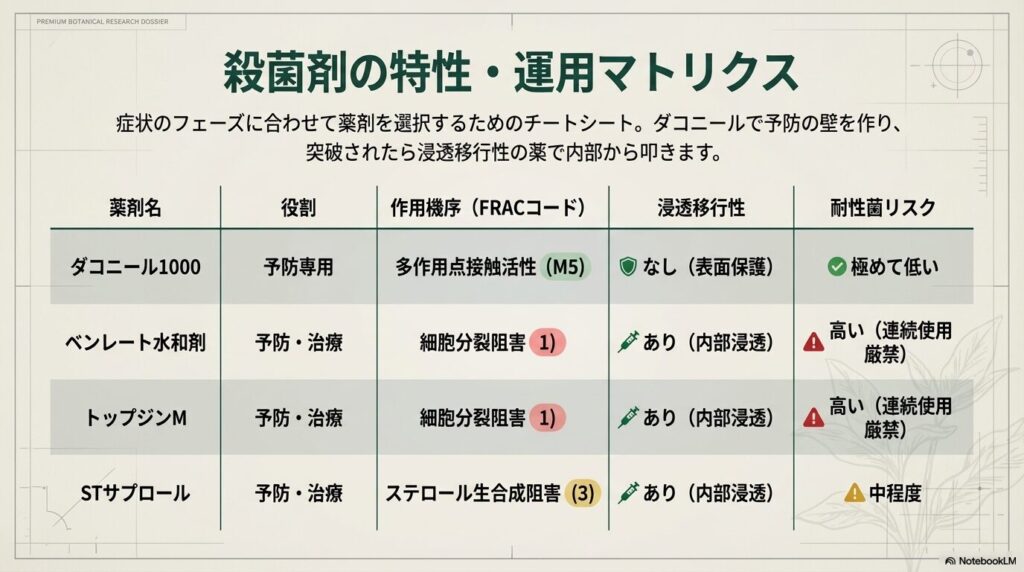 アガベ栽培で使用するダコニールやベンレートなど殺菌剤の特性・運用マトリクス