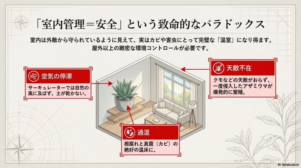 アガベの室内管理に潜む過湿や空気の停滞、害虫繁殖のリスク