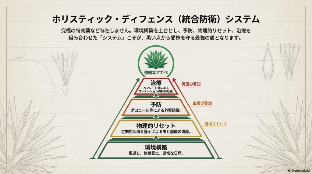 アガベを黒い点から守るホリスティック・ディフェンス（統合防衛）システムのピラミッド
