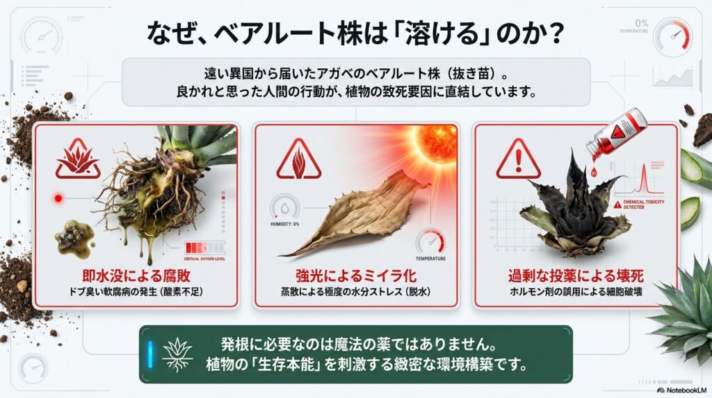 アガベのベアルート株が溶ける原因を示す図：即水没による軟腐病、強光によるミイラ化、過剰な投薬による壊死