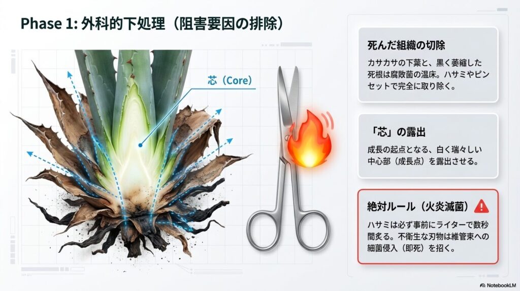 アガベのベアルート株の下処理方法：ハサミを火炎滅菌し、古い下葉と死んだ根を切除して芯を露出させる手順