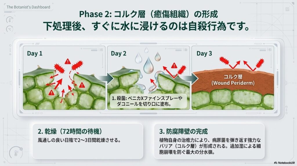 アガベの切り口の殺菌と乾燥プロセス：ベニカXファインスプレー等で殺菌後、日陰で3日間乾燥させコルク層を防腐障壁として形成する図