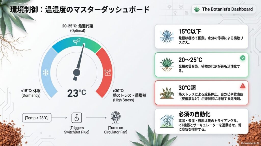アガベ発根管理の温湿度マスターダッシュボード：20度から25度が最適代謝温度であり、30度超で軟腐病リスクが高まることを示すグラフ