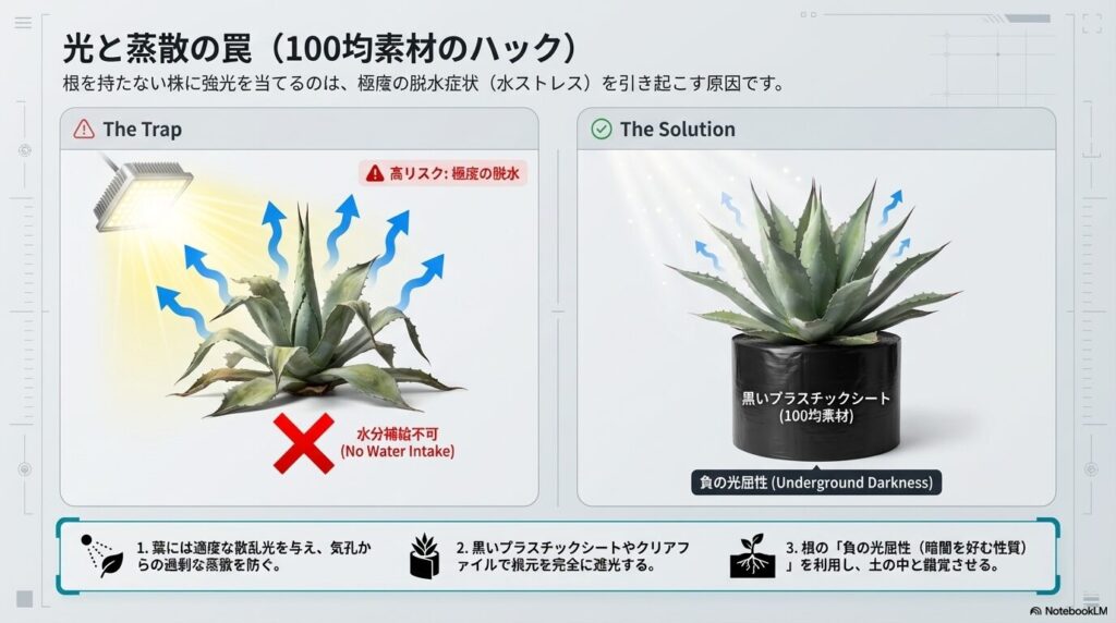 アガベ発根管理における光と蒸散のリスク回避策：強光による脱水症状を防ぐため、100均の黒いプラスチックシートで根元を遮光する手法
