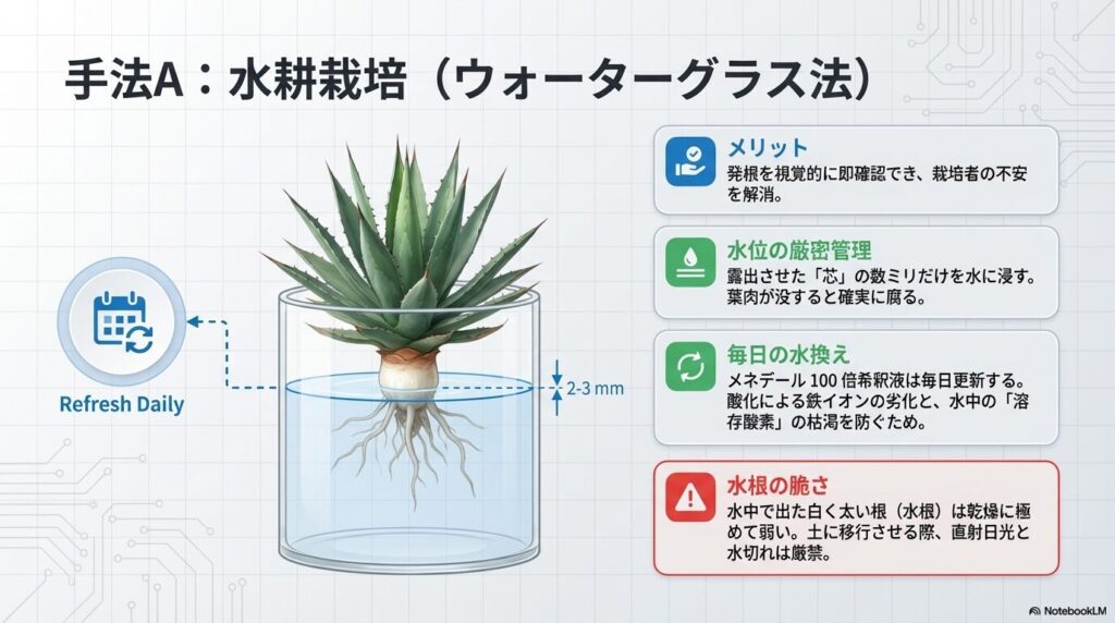 アガベの水耕栽培の解説図：芯の数ミリのみを水に浸し、メネデール100倍希釈液を毎日交換する手順