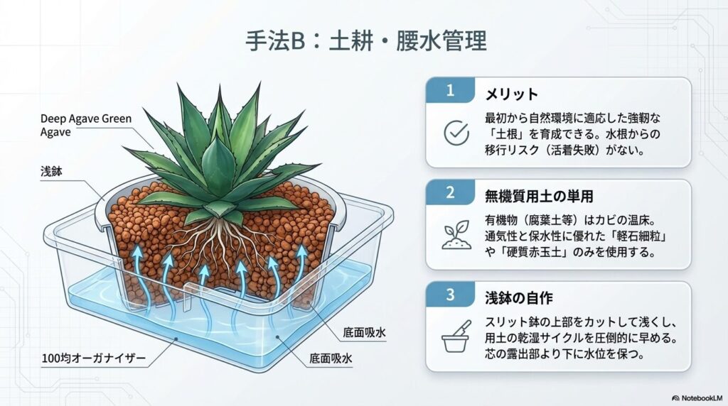 アガベの土耕栽培と腰水管理の構造図：100均のオーガナイザーと自作の浅鉢を使用し、無機質用土で底面吸水を行う発根管理システム
