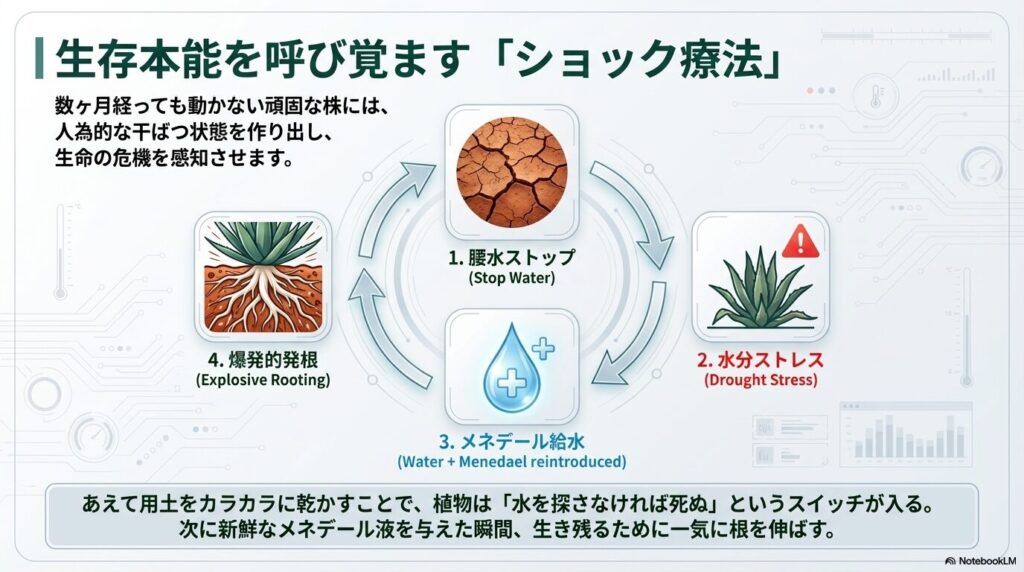 アガベの発根を促すショック療法のプロセス：腰水を止め用土を乾燥させて水分ストレスを与え、メネデール給水で爆発的発根を促すメカニズム