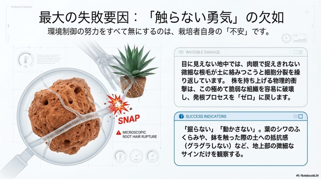 株を動かすことによる根毛破壊のリスクを示す図：土中の微細な根毛が物理的衝撃で破壊され、発根プロセスがリセットされる見えないダメージ