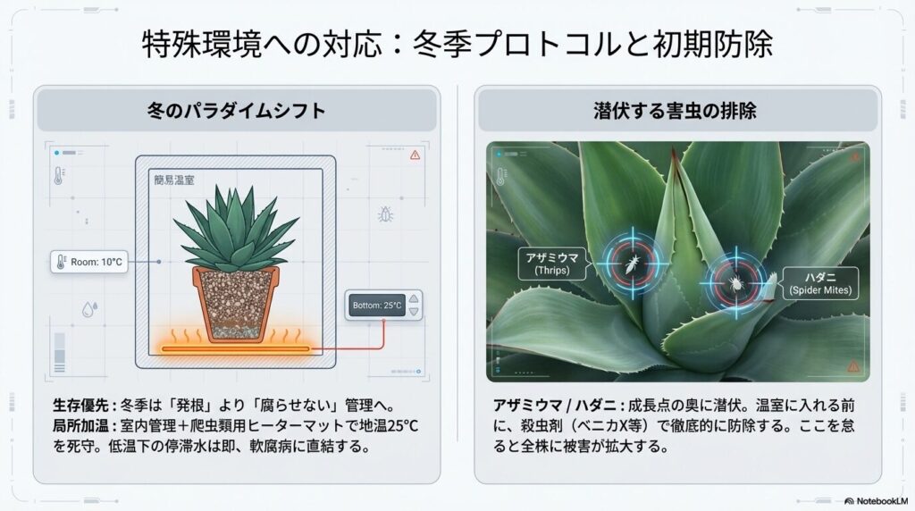 アガベの冬季発根管理プロトコルと害虫対策：室内で爬虫類用ヒーターマットを使用し地温25度を維持する簡易温室と、アザミウマやハダニの初期防除