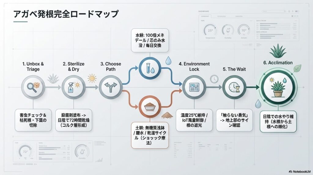 アガベ発根完全ロードマップのフローチャート：下処理、殺菌と乾燥、水耕または土耕の選択から、温度管理と遮光を経て順化に至るまでの全プロセス