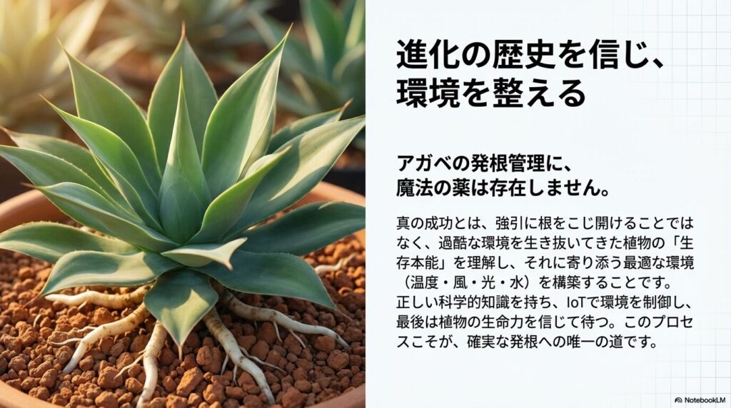 しっかりと発根し用土に活着した健康なアガベの姿と、植物の生存本能に寄り添う環境構築の重要性を説くメッセージ