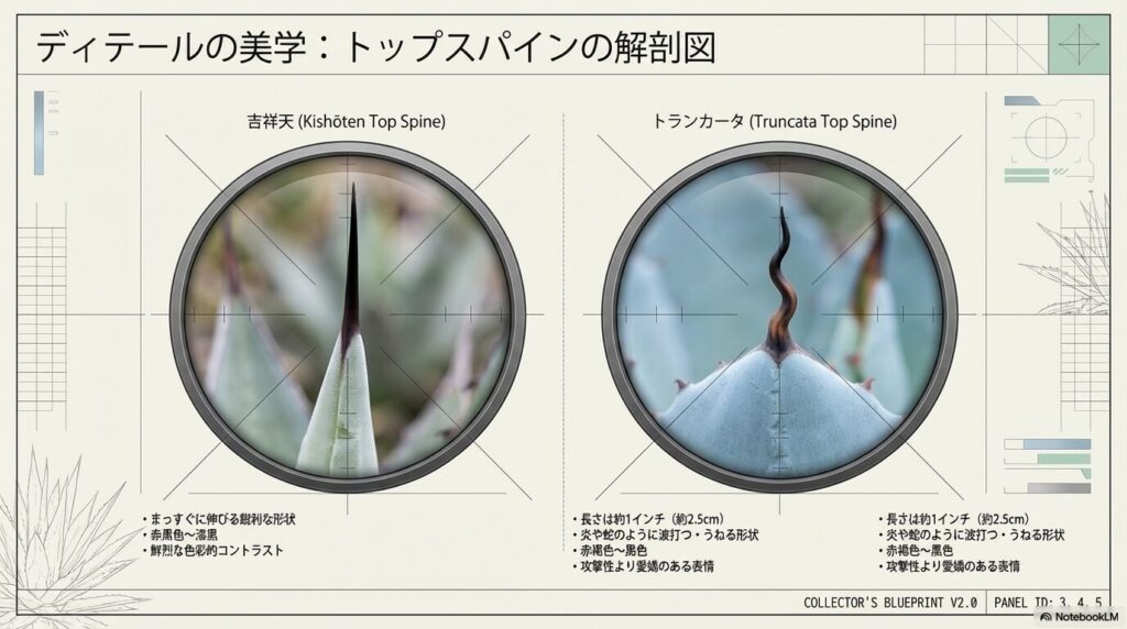 吉祥天の長く鋭い赤黒いトップスパインと、トランカータの短くうねる波打つ形状の棘の比較図