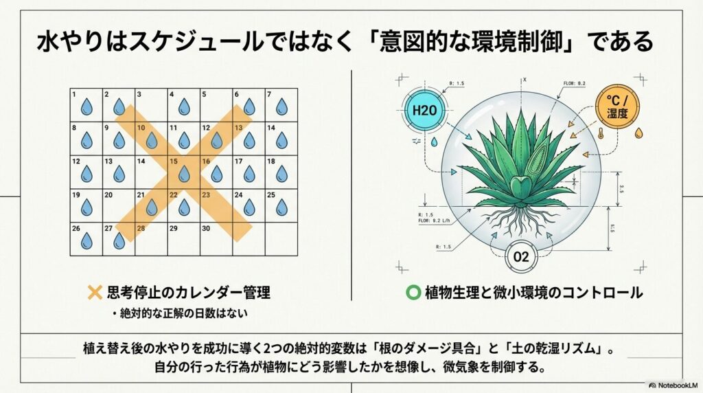 カレンダーによる水やりのスケジュール管理を否定し植物生理に基づいた環境制御を推奨する図