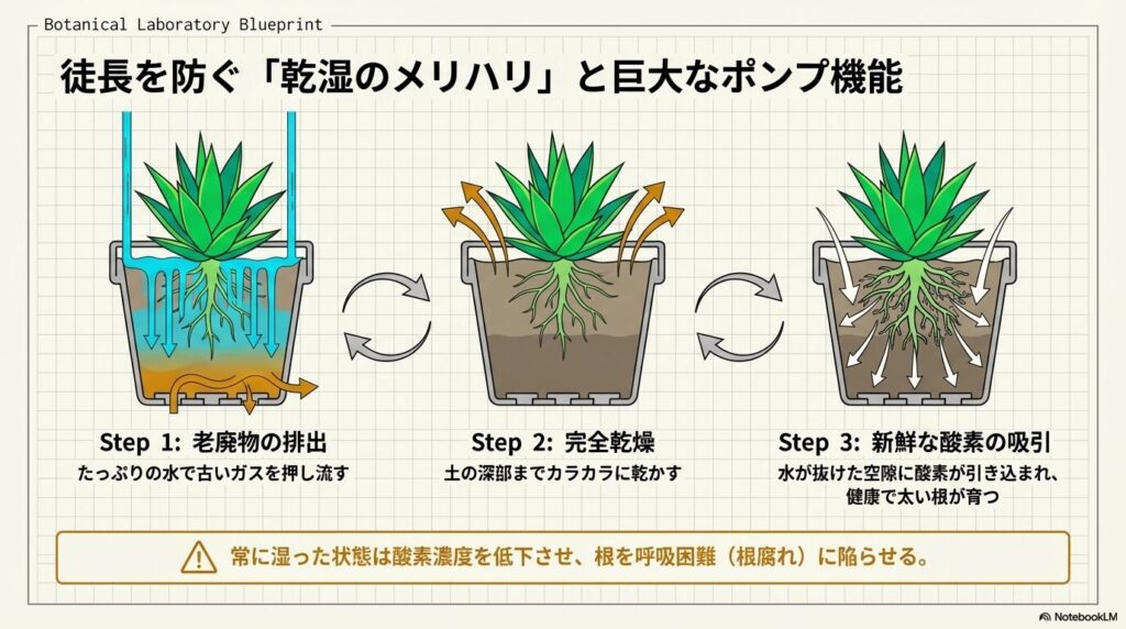 たっぷりの水やりによる土壌の老廃物排出と乾燥過程での新鮮な酸素の吸引を示すメカニズム図