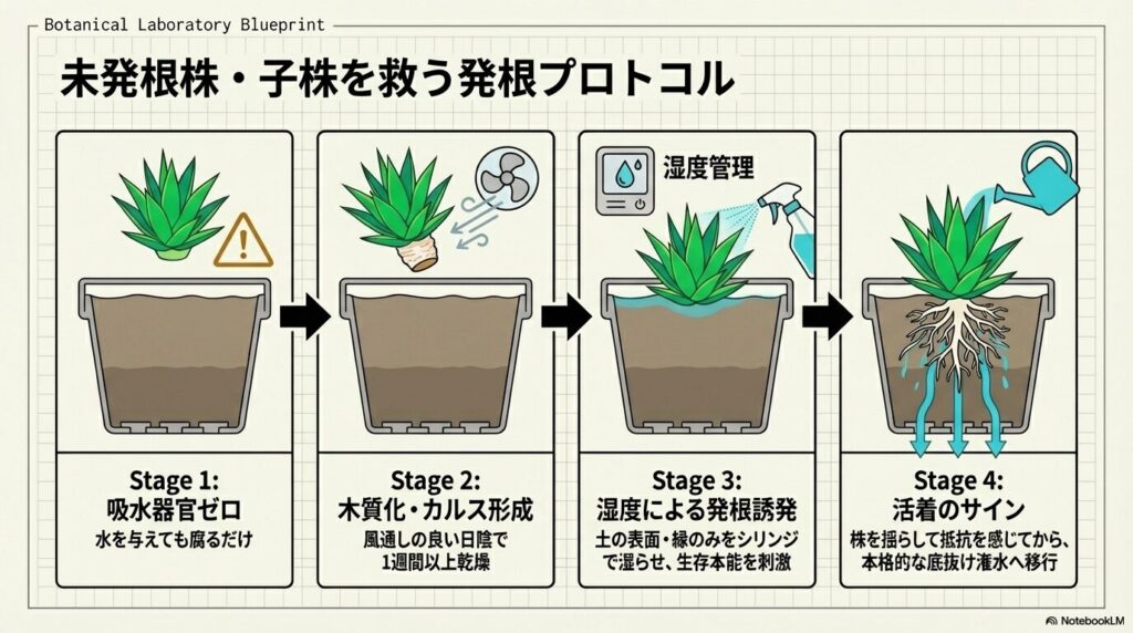 未発根のアガベ子株に対する乾燥から湿度管理そして活着へと至る4段階の発根プロトコル図