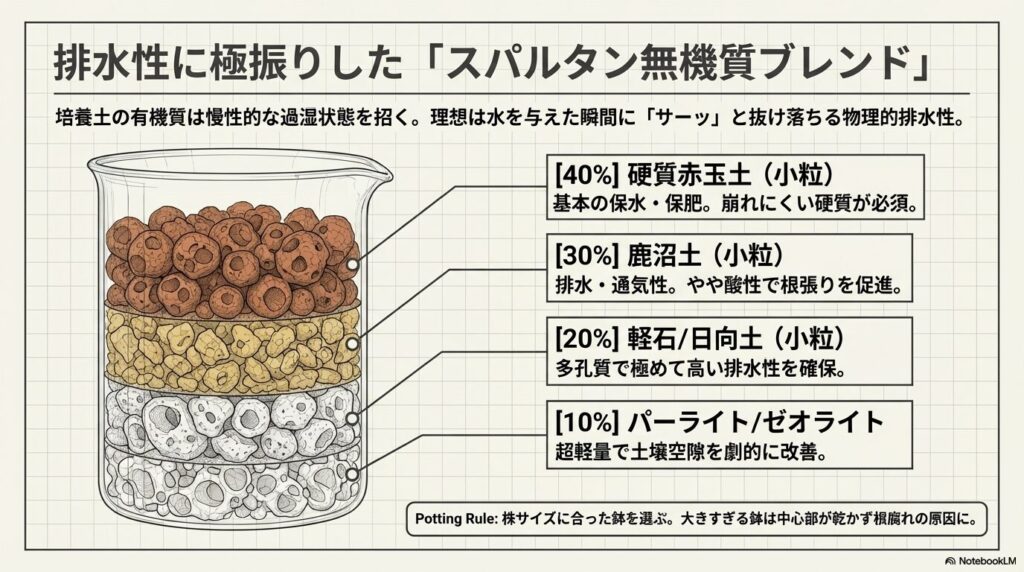 硬質赤玉土、鹿沼土、軽石、パーライトを配合したアガベ向けの排水性に特化した無機質用土の構成比率