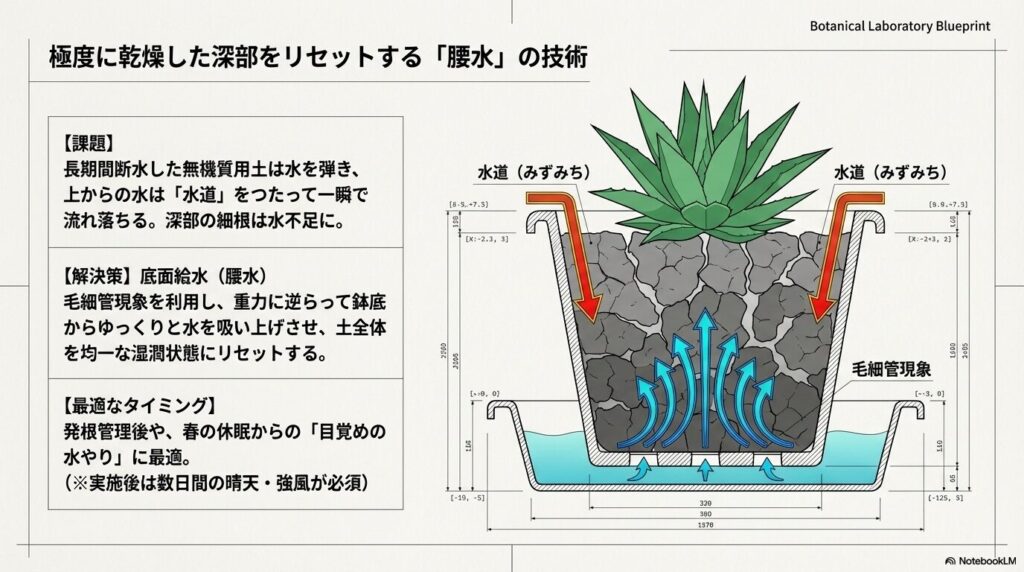 乾燥して水を弾く用土に対し毛細管現象を利用して鉢底から水を吸い上げさせる腰水（底面給水）の仕組み