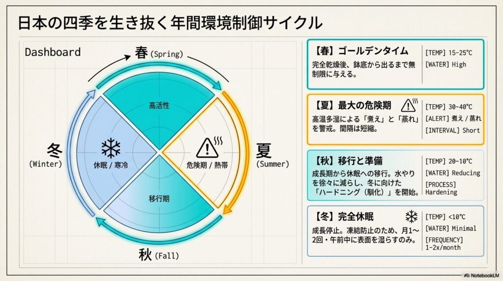春の成長期から夏の危険期、秋の移行期、冬の休眠期に至るアガベの年間環境制御と水やりサイクル図