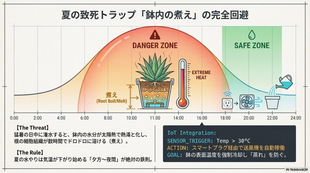 夏の日中の水やりが引き起こす鉢内の煮えの危険性と夕方以降の安全な水やり時間帯を示す温度グラフ
