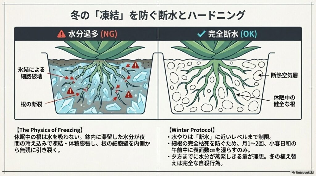 冬の水分過多による土中水分の凍結と細胞破壊のNG例と断水による安全な休眠状態のOK例の比較図