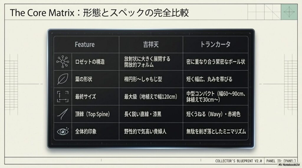 アガベ吉祥天とトランカータのロゼット構造、葉の形状、成株サイズ、棘の形状のスペック比較表