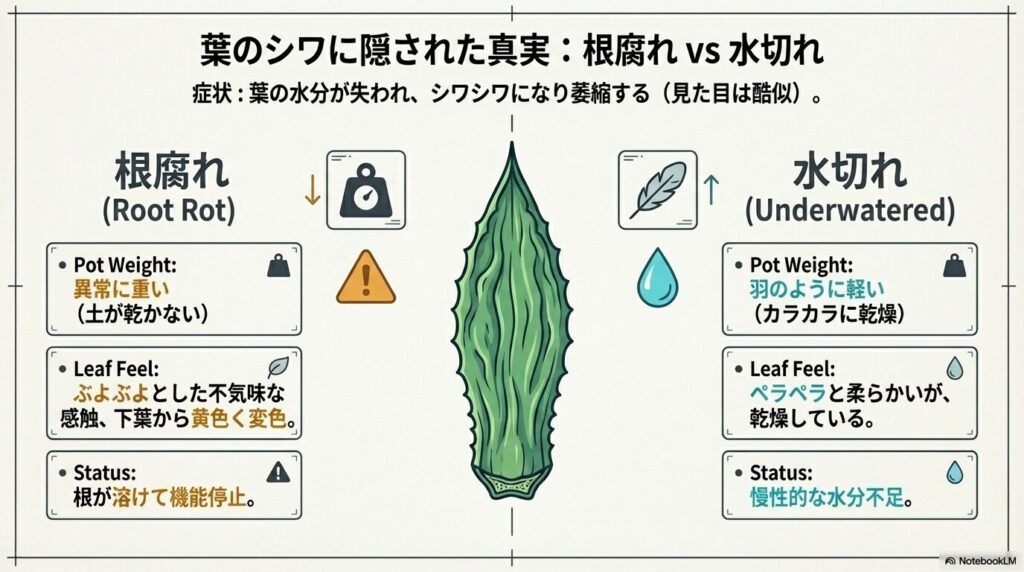 葉が萎縮する似た症状を持つ根腐れと水切れについて鉢の重さと葉の感触から原因を見極める比較解説図