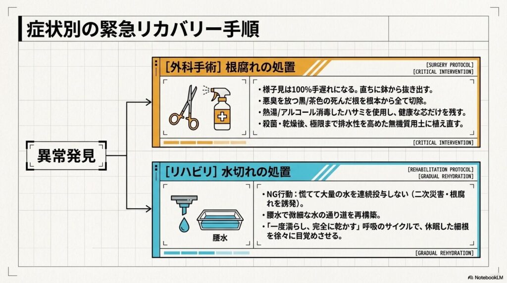 根腐れに対する死んだ根の切除などの外科的処置と水切れに対する腰水からの漸進的なリハビリ手順図