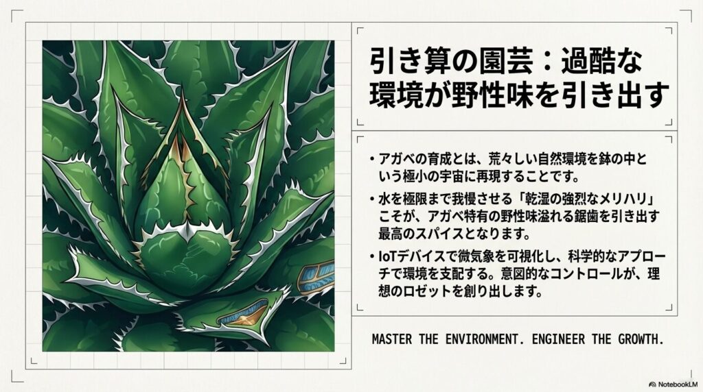 過酷な環境制御と乾湿のメリハリによって引き出された力強いロゼットと強靭な鋸歯を持つ健康なアガベ