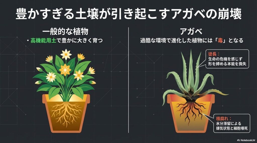 豊かすぎる土壌がアガベに引き起こす徒長と根腐れのリスク図解
