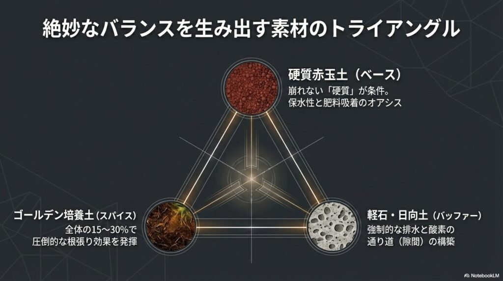 硬質赤玉土、軽石、ゴールデン培養土が作る絶妙な用土バランストライアングル