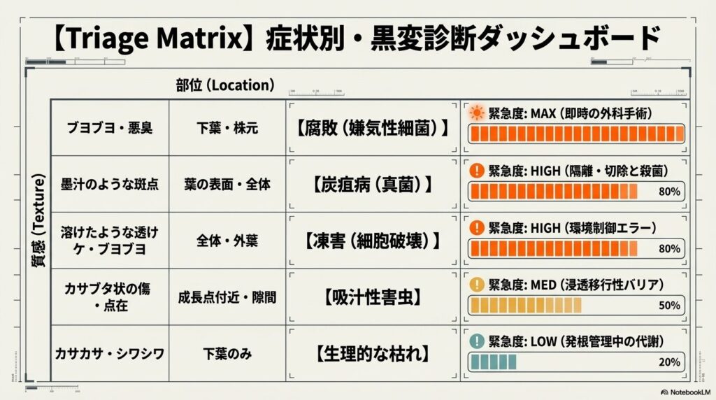アガベの葉の黒変症状から原因と緊急度を特定するトリアージマトリックス表