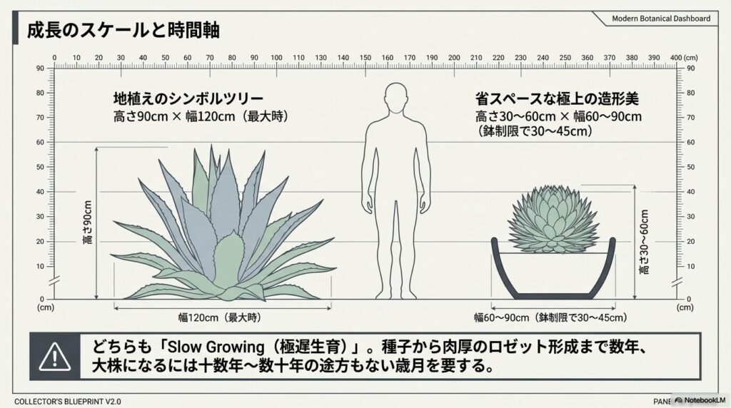 人の身長と比較したアガベ吉祥天とトランカータの成株サイズのスケール図