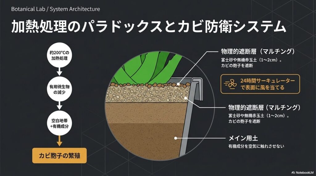 ゴールデン培養土の表面のカビを防ぐ無機質マルチングの防衛システム