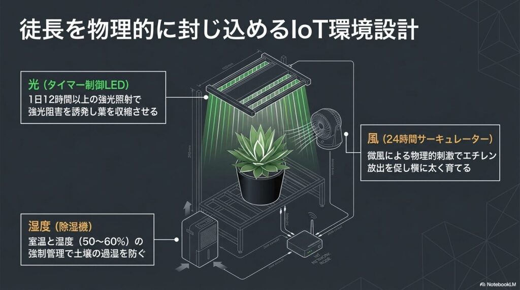 LED照明やサーキュレーターを使ったアガベの徒長を防ぐIoT環境設計