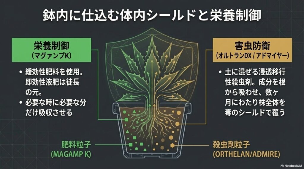 マグァンプKと浸透移行性殺虫剤によるアガベの体内シールドと栄養制御