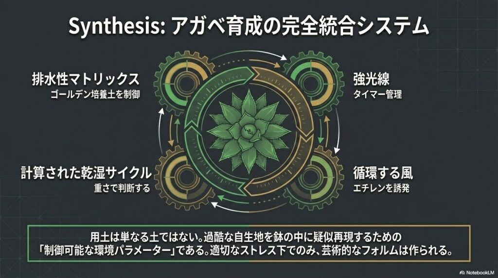 用土、光、水、風が連動するアガベ育成の完全統合システムのギア図
