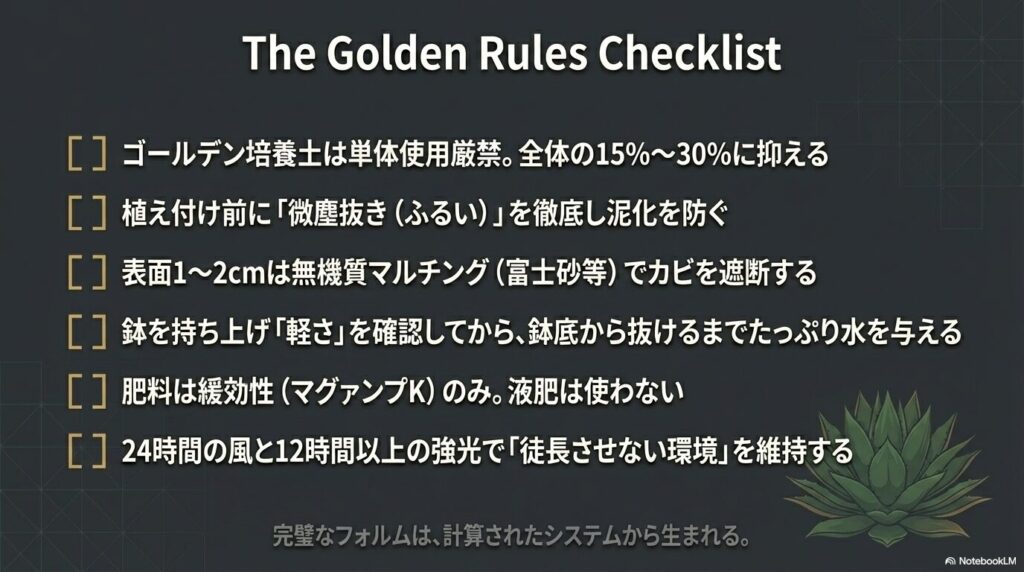 ゴールデン培養土でアガベを育てるための絶対ルールをまとめたチェックリスト