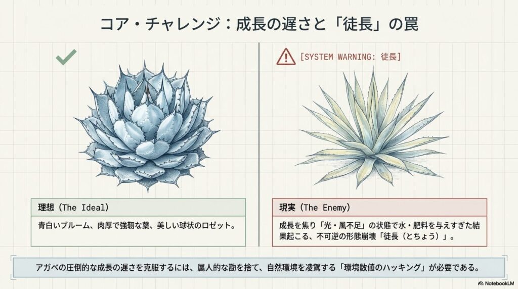 アガベ・パラサナの徒長した姿と理想的な肉厚ロゼットの比較