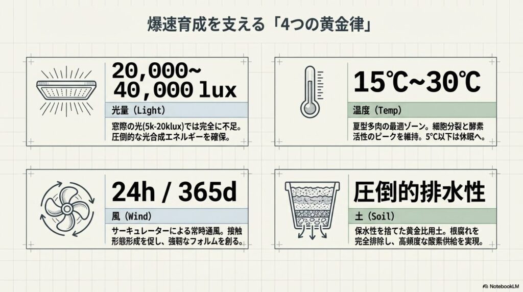 アガベ・パラサナの成長速度を上げる光量・温度・通風・用土の4つの黄金律