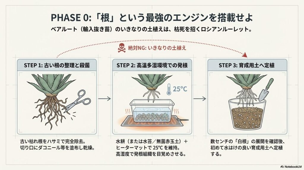 輸入された未発根アガベ・パラサナの古い根の整理と高温多湿での発根管理プロセス