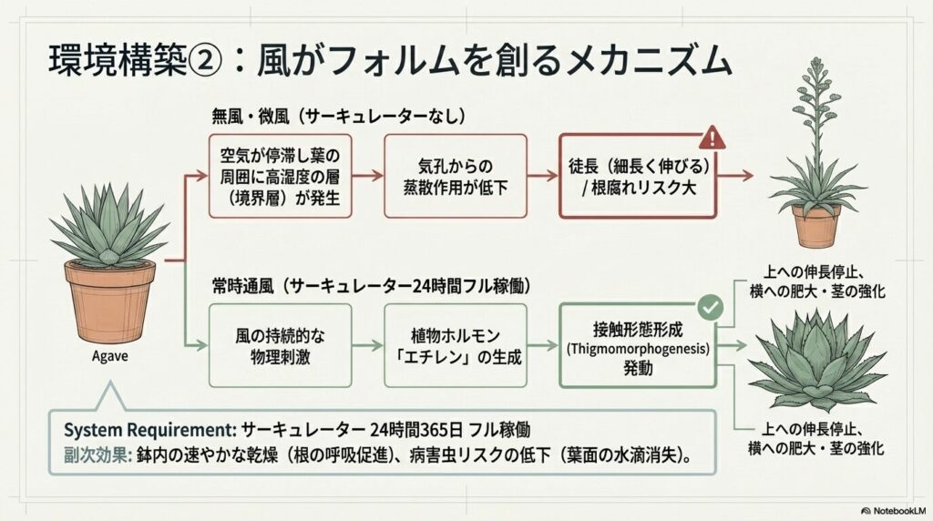 サーキュレーターの風がアガベのエチレン生成を促し接触形態形成を引き起こすメカニズム