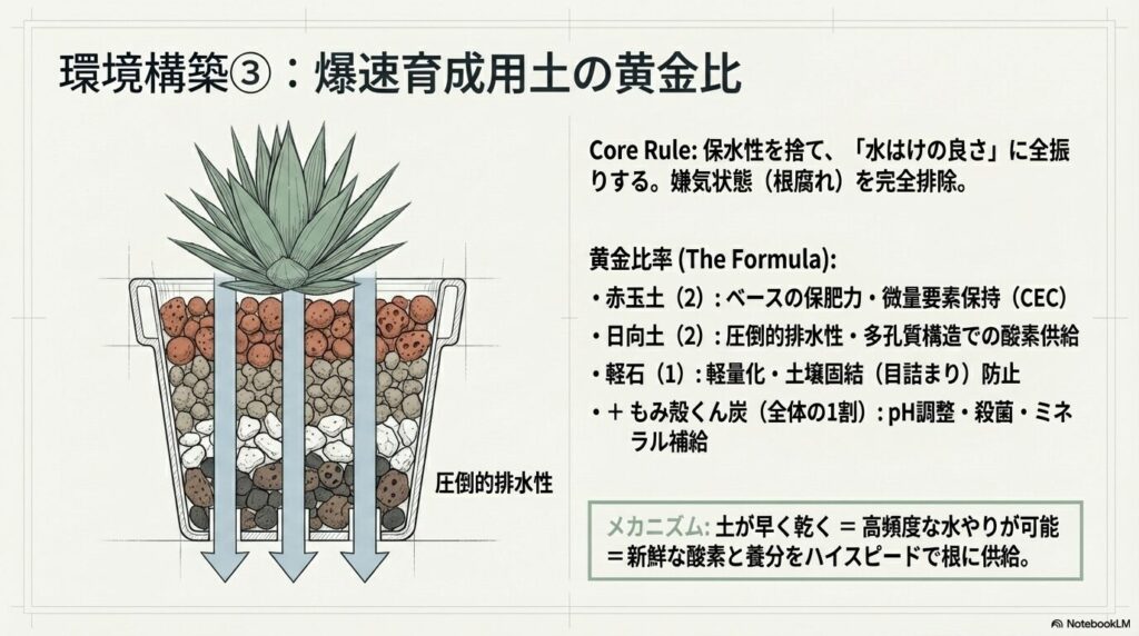 赤玉土、日向土、軽石をブレンドしたアガベ用高排水性用土の断面図と水の流れ