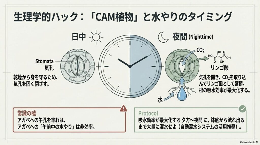 CAM植物であるアガベが夜間に気孔を開き二酸化炭素を取り込む光合成メカニズム