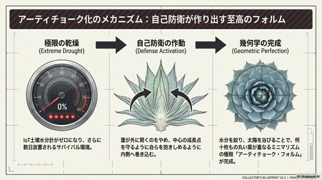 極限の乾燥と自己防衛によって葉が内側に巻き込み、緊密なアーティチョークフォルムを形成するトランカータのメカニズム